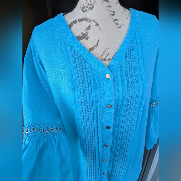 JM COLLECTION Blue 100% Linen Blouse Shirt Top Women's Size 8 - Picture 4 of 11